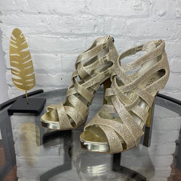 Guess Shoes - GUESS Hayli Gold Glitter Strappy Sandals 7